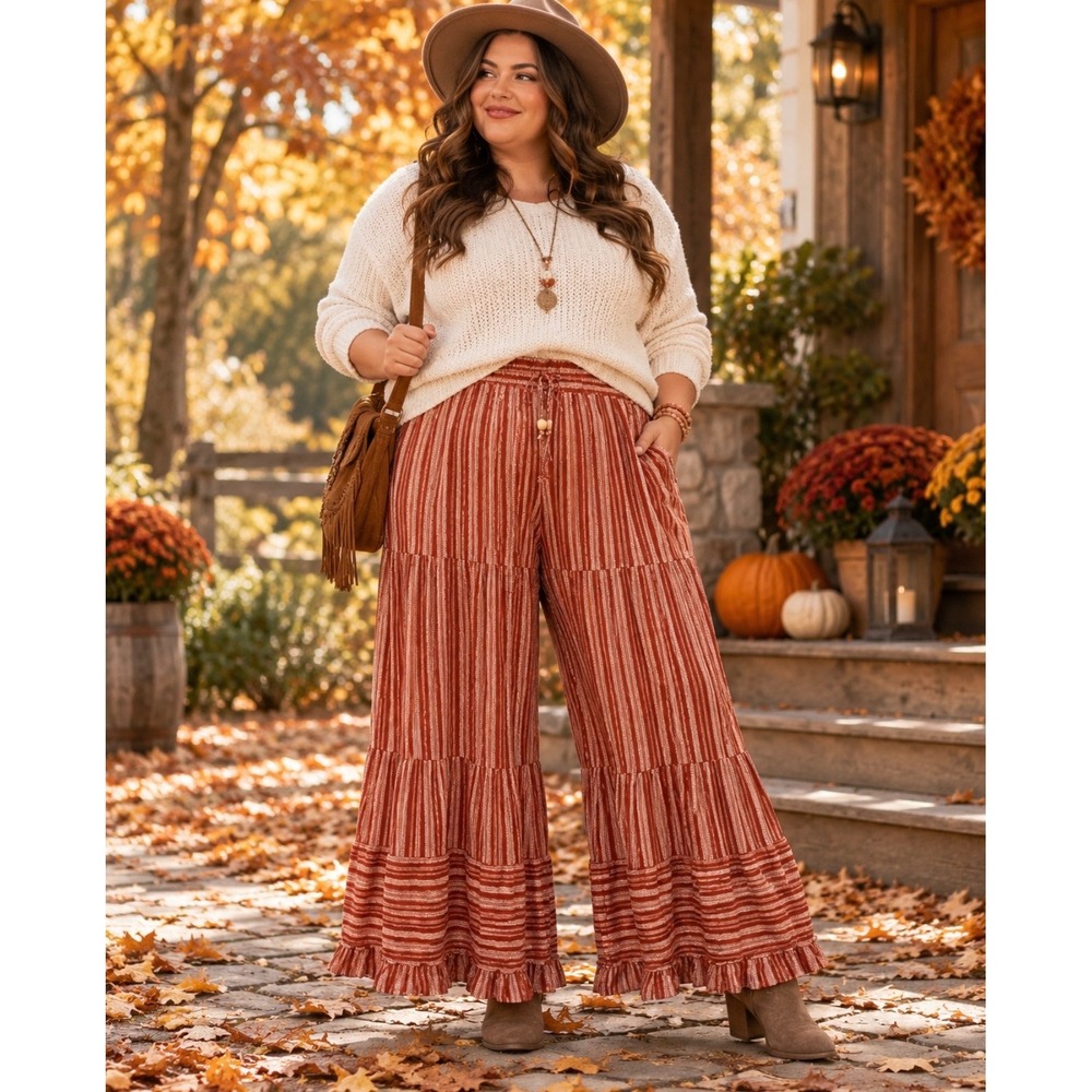 Davi & Dani Women's 3X Rust Striped Boho Palazzo Tiered Pants NWT Plus Size
